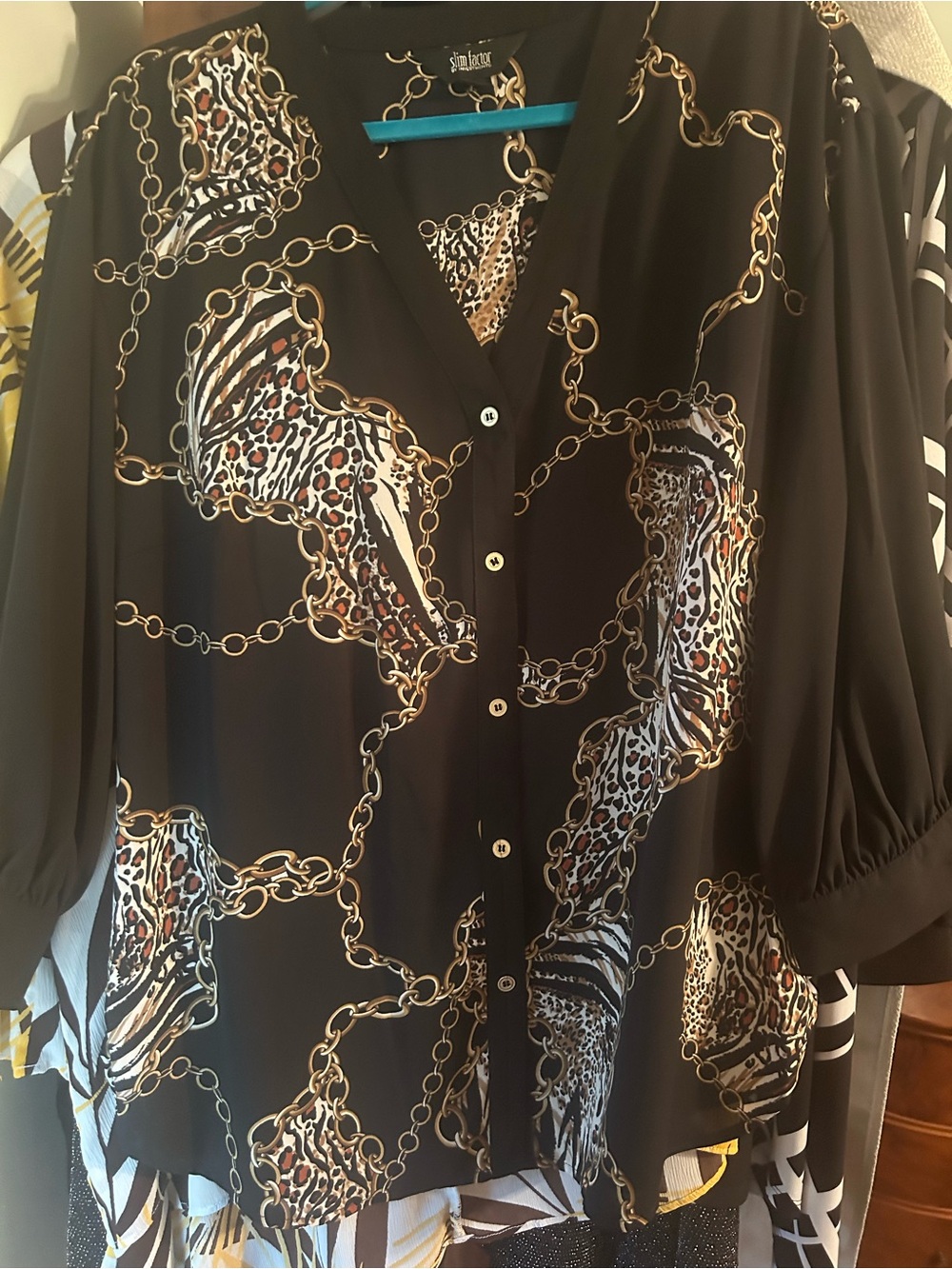 Black Chain & Animal Print Long-Sleeve Blouse